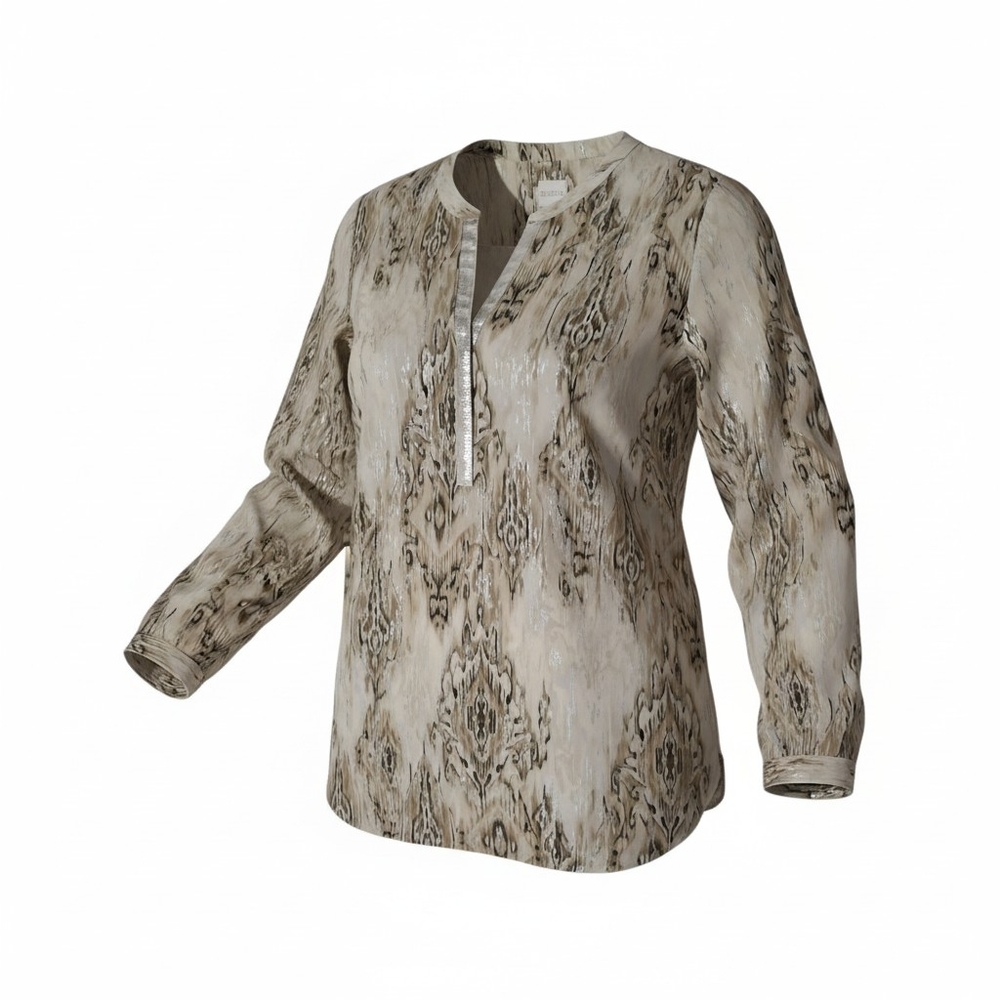 Chico's Silky Ikat & Snakeskin Print V-Neck Sequin Long Sleeve Tunic Blouse  1